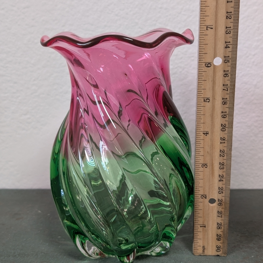 Vintage Teleflora Pink Green Watermelon Hand Blown Art Glass Ruffled Vase - Picture 8 of 10